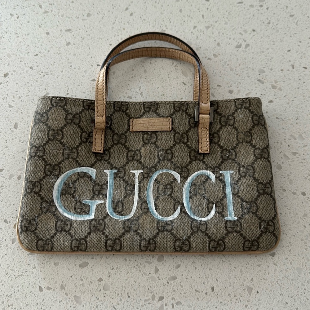 Gucci Brown Monogram Canvas Tote with Light Blue hand painted Logo